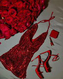 Cute Sheath Halter Sequin Red Short Homecoming Dress Summer Middle School Formal Hoco Dresses Cocktail Dress Birthday Outfits HZ1121